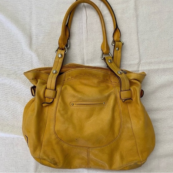B Makowsky Mustard Yellow Leather Handbag Tote Satchel - Picture 3 of 7